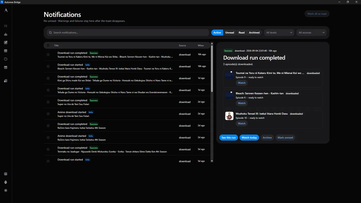 Centro de notificaciones de Bridge filtrado por Active, con una ejecución de descarga completada abierta que lista tres capítulos, cada uno con su propio botón Watch