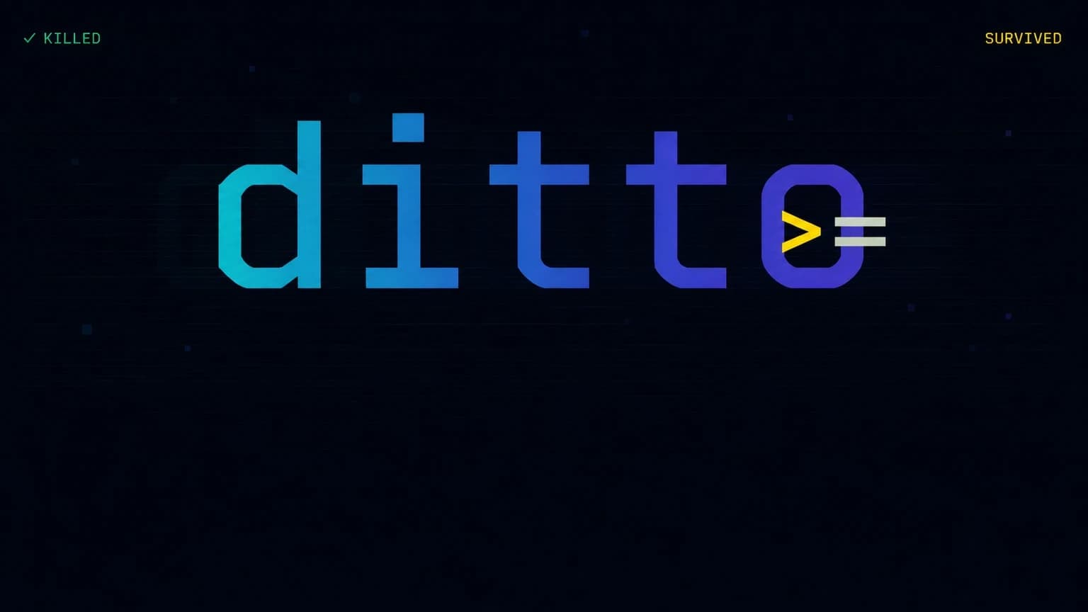 The ditto mutation testing report showing killed and surviving mutations beside a code change.