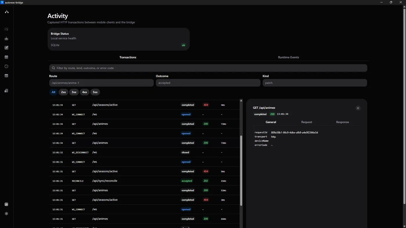 Bridge activity log listing captured HTTP transactions with status codes and latency