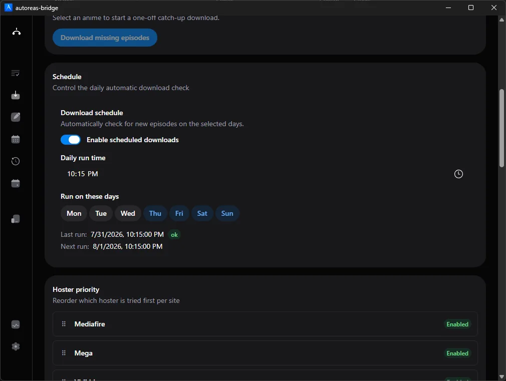 Bridge download settings with a daily schedule and a reorderable hoster priority list
