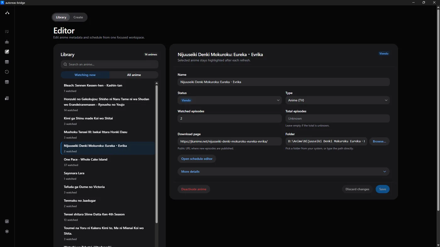 Bridge editor with the anime library on the left and a metadata form on the right