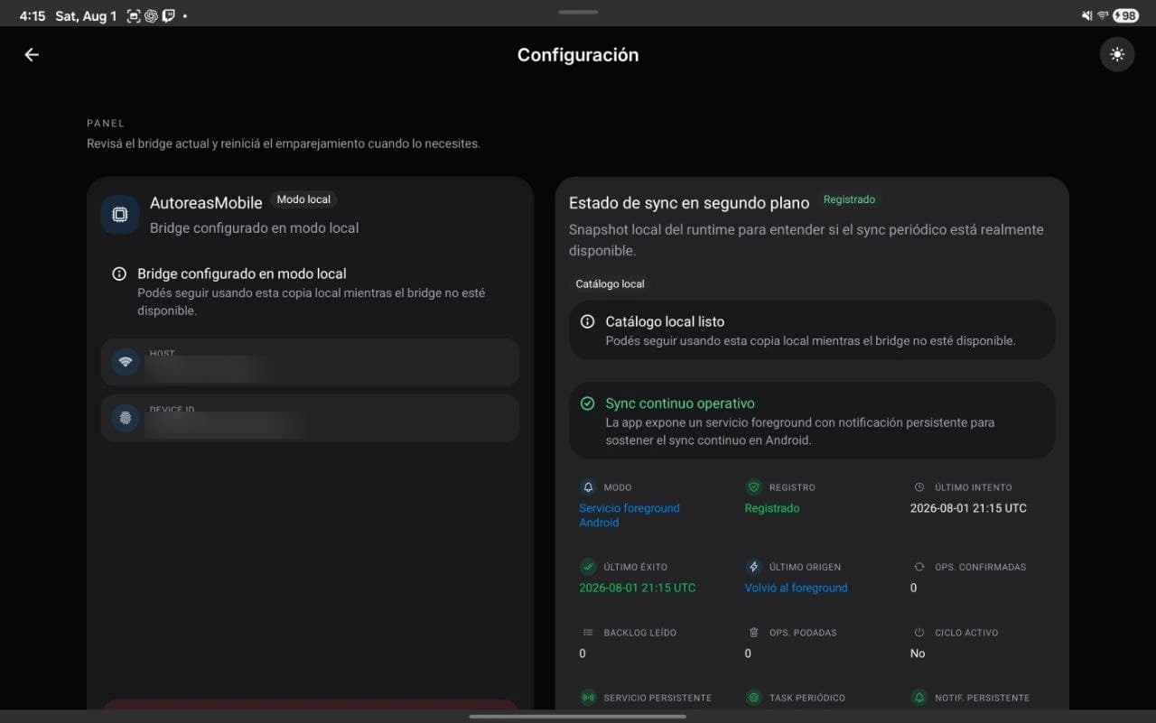 Autoreas Mobile settings showing the paired bridge and the background sync status panel