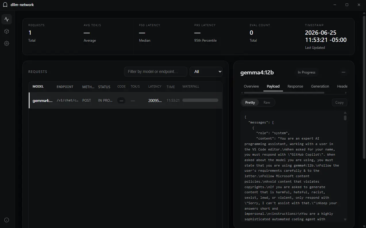 The dashboard showing an in-progress POST to /v1/chat/completions from a different client, with the detail panel open on the Payload tab displaying that client’s own system prompt.