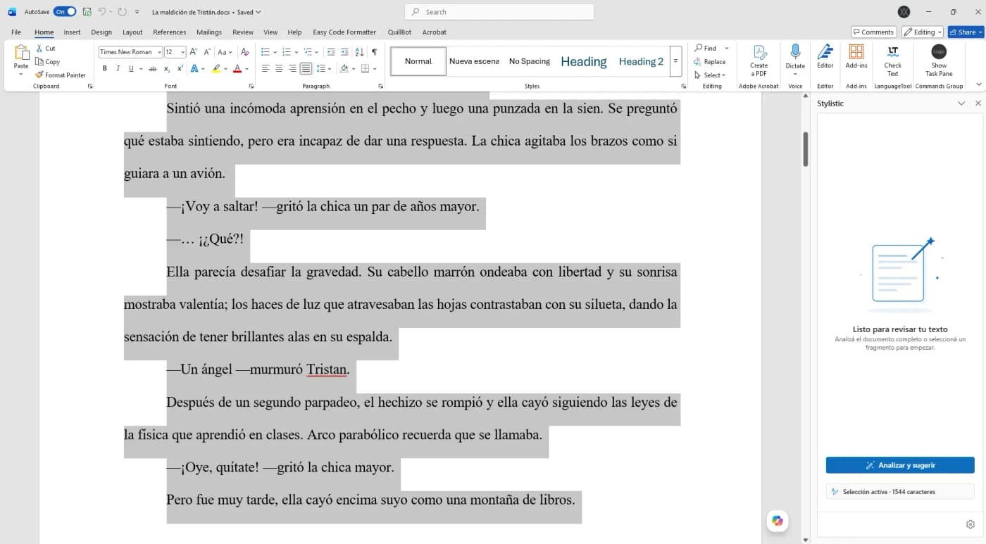 Stylistic taskpane before analysis, with an active selection of 1544 characters