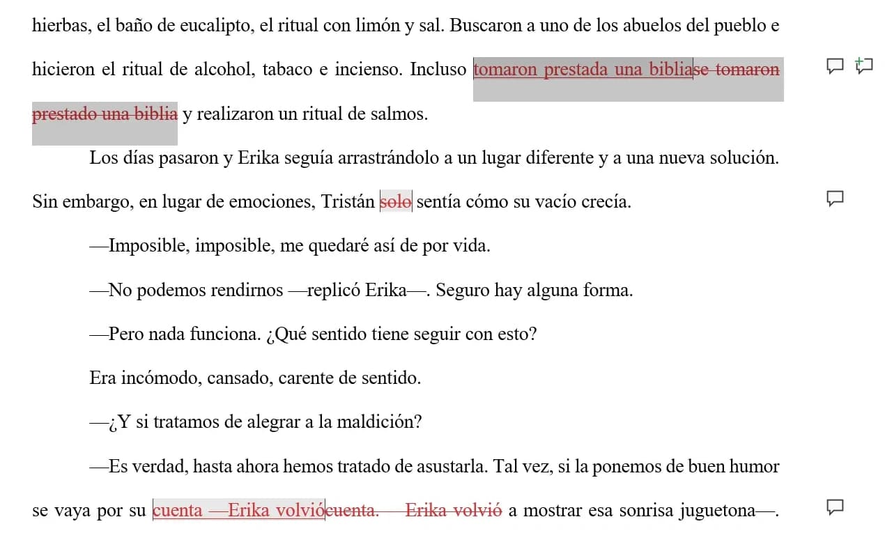 A manuscript page in Word during a Stylistic review: one phrase carries a struck-through deletion and its underlined replacement, two more phrases are marked the same way, and the margin holds the comment bubbles that explain each change.