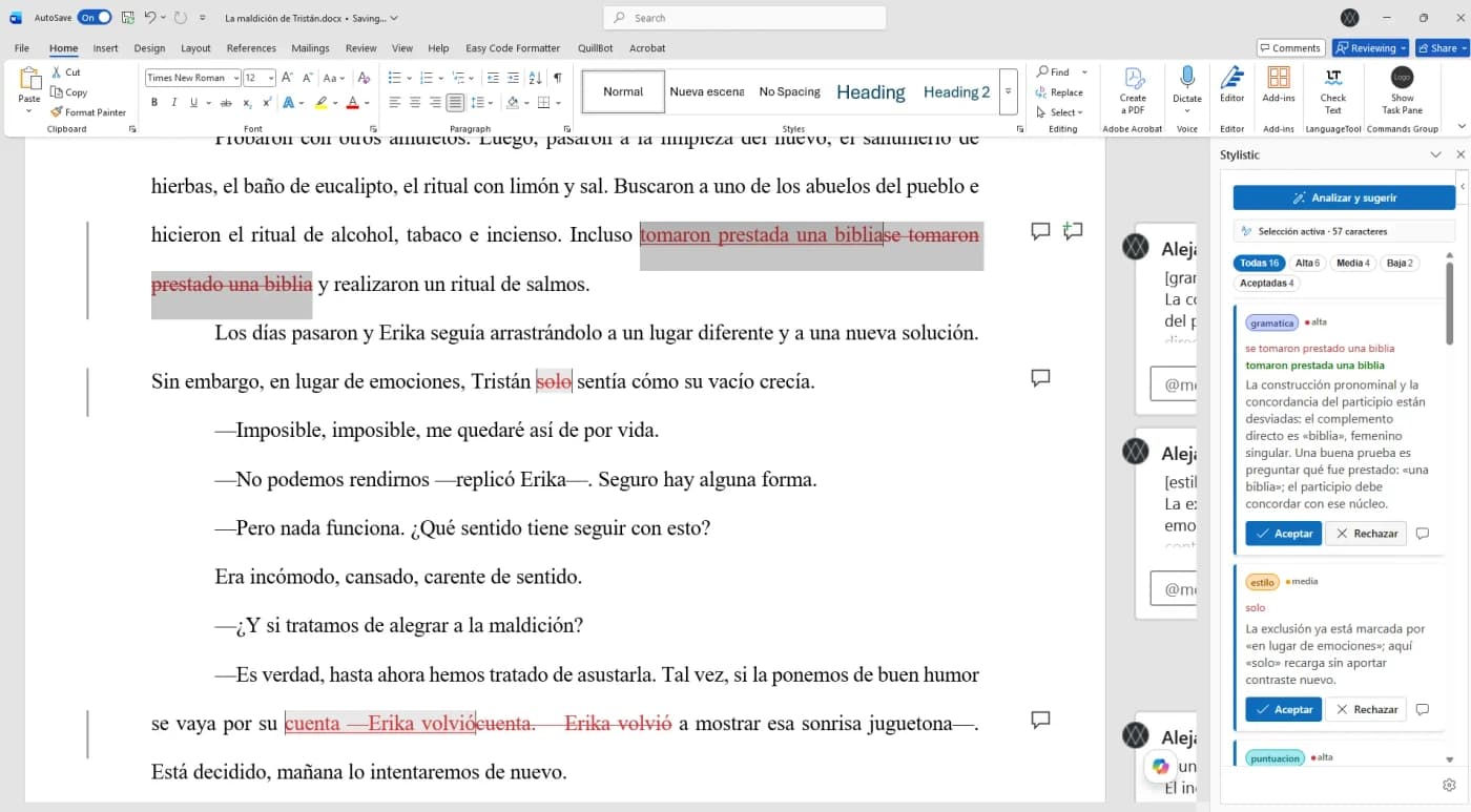 Native Word tracked changes and comments generated by Stylistic